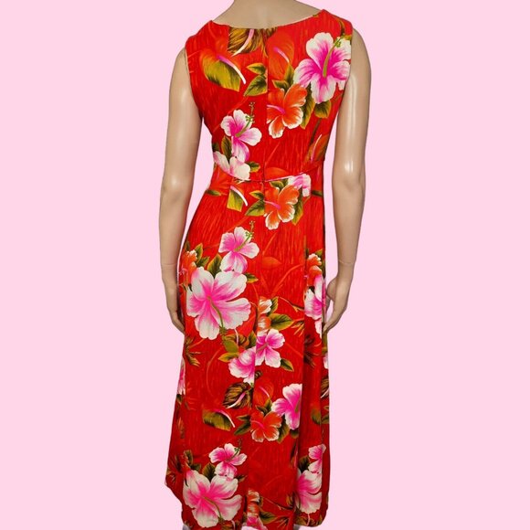 Vintage Royal Hawaiian Barkcloth Maxi Dress Womens M Sleeveless Orange Pink - Picture 6 of 9